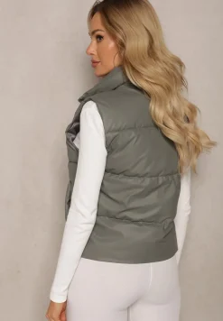 Ciemnoszara Kamizelka z Wysokim Kołnierzem i Suwakiem z Ozdobą Aklaria