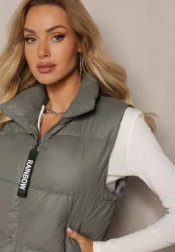 Ciemnoszara Kamizelka z Wysokim Kołnierzem i Suwakiem z Ozdobą Aklaria