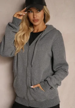 Ciemnoszara Klasyczna Bluza z Kapturem i Sznurkami Ballata