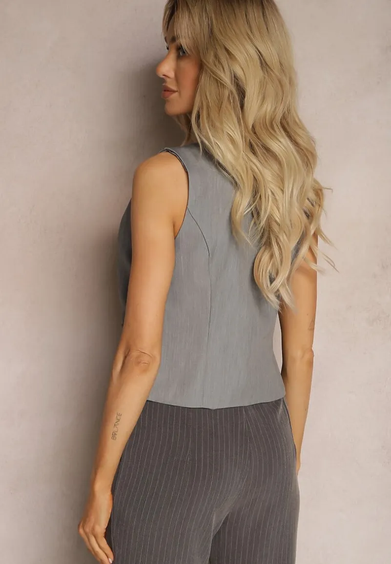 Ciemnoszara Klasyczna Kamizelka w stylu Garniturowym z Guzikami Riea