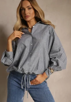 Ciemnoszara Koszula z Bawełny o Kroju Oversize w Prążki ze Ściągaczem w Pasie Neoritia