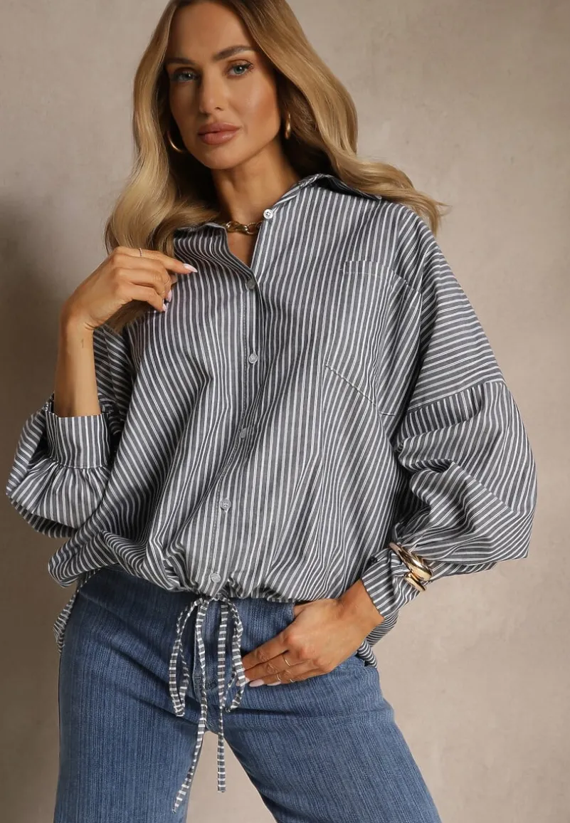 Ciemnoszara Koszula z Bawełny o Kroju Oversize w Prążki ze Ściągaczem w Pasie Neoritia