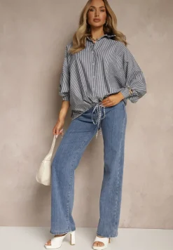 Ciemnoszara Koszula z Bawełny o Kroju Oversize w Prążki ze Ściągaczem w Pasie Neoritia