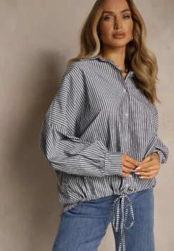 Ciemnoszara Koszula z Bawełny o Kroju Oversize w Prążki ze Ściągaczem w Pasie Neoritia