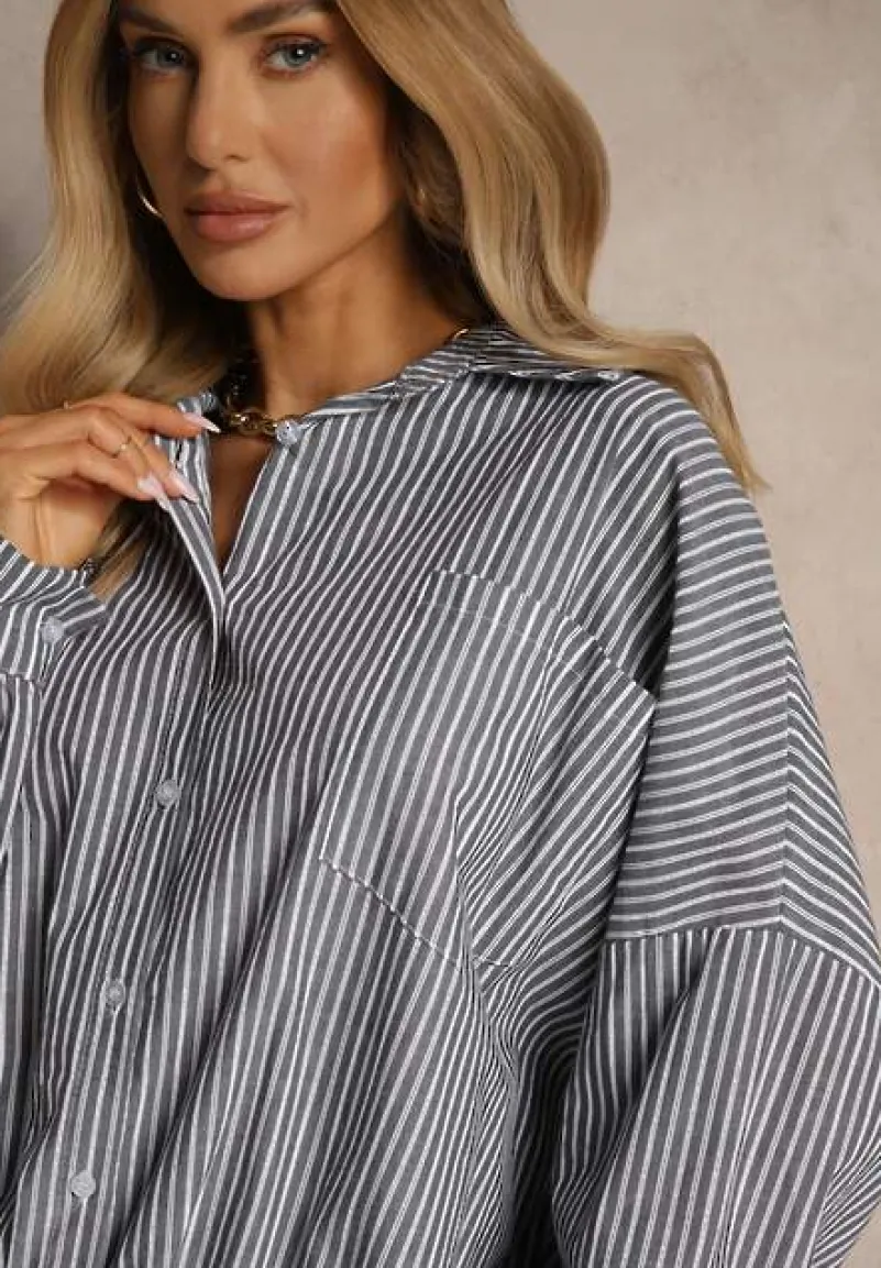Ciemnoszara Koszula z Bawełny o Kroju Oversize w Prążki ze Ściągaczem w Pasie Neoritia