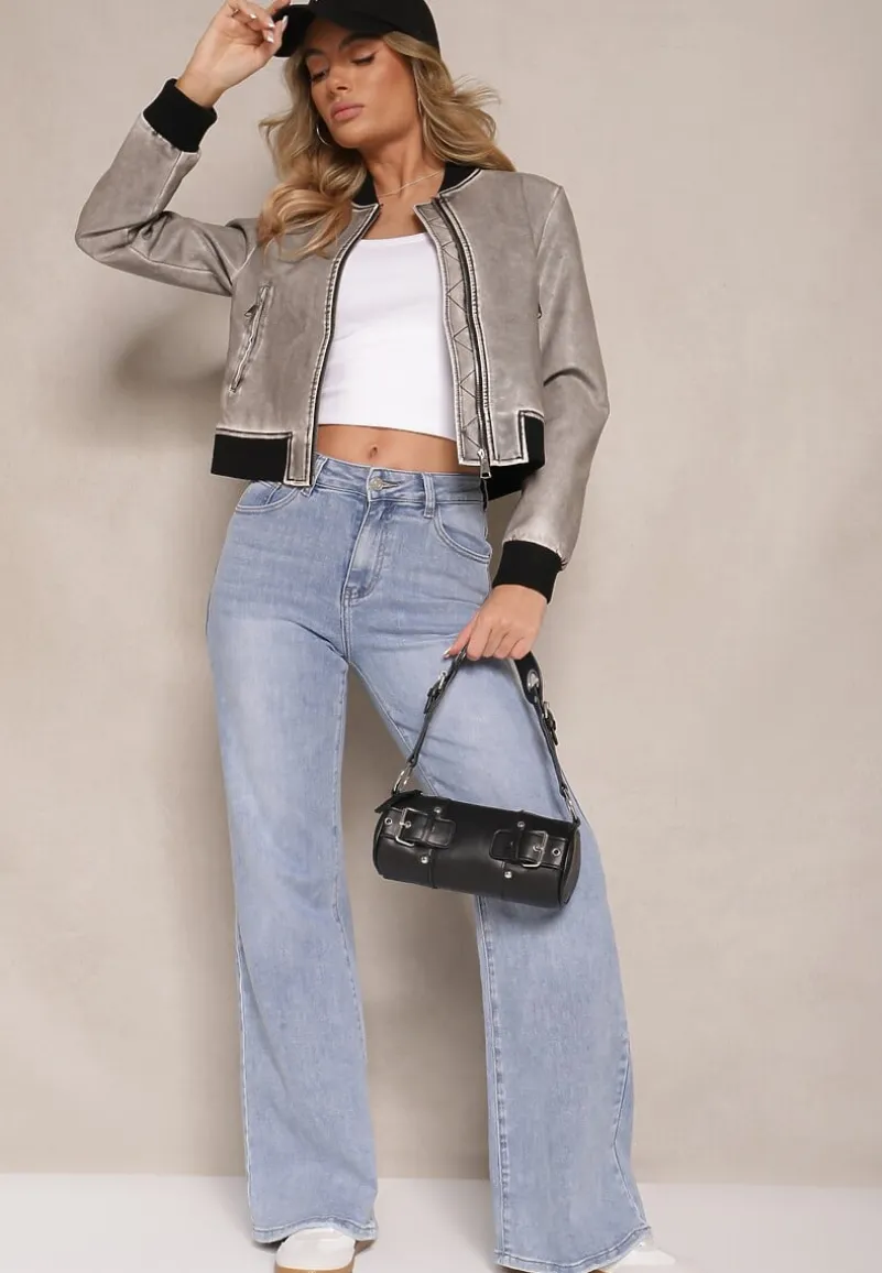 Ciemnoszara Kurtka Bomberka z Imitacji Skóry Arivenna