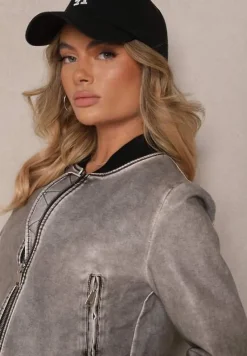 Ciemnoszara Kurtka Bomberka z Imitacji Skóry Arivenna