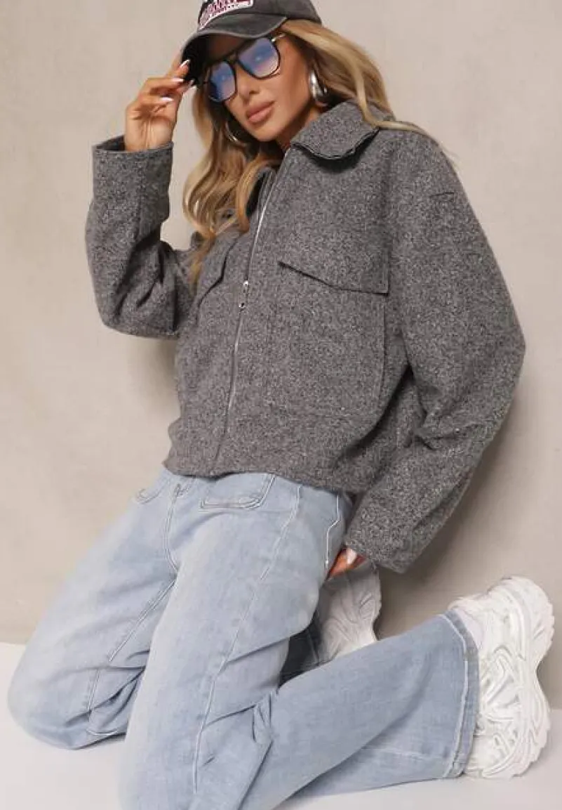 Ciemnoszara Kurtka Koszulowa Boucle z Ociepleniem i Suwakiem Irimarea