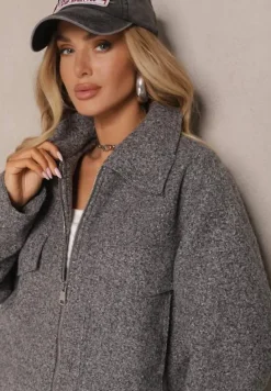 Ciemnoszara Kurtka Koszulowa Boucle z Ociepleniem i Suwakiem Irimarea