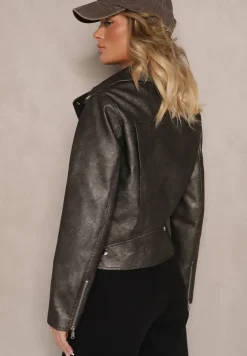 Ciemnoszara Kurtka o Kroju Ramoneski z Paskiem ze Sprzączką i Kieszeniami Milvila