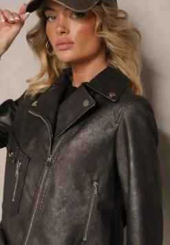 Ciemnoszara Kurtka o Kroju Ramoneski z Paskiem ze Sprzączką i Kieszeniami Milvila