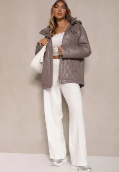 Ciemnoszara Kurtka z Pikowanymi Przeszyciami i Kapturem Zdobiona Aplikacją Lorlia