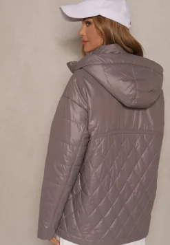 Ciemnoszara Kurtka z Pikowanymi Przeszyciami i Kapturem Zdobiona Aplikacją Lorlia