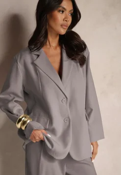 Ciemnoszara Marynarka Jednorzędowa z Poduszkami w Ramionach Hanivora