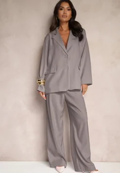 Ciemnoszara Marynarka Jednorzędowa z Poduszkami w Ramionach Hanivora