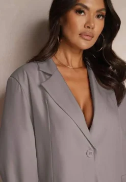 Ciemnoszara Marynarka Jednorzędowa z Poduszkami w Ramionach Hanivora