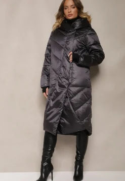 Ciemnoszara Pikowana Kurtka o Asymetrycznym Kroju z Kapturem Hedirani