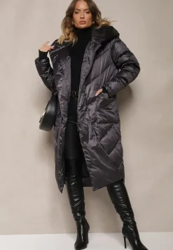 Ciemnoszara Pikowana Kurtka o Asymetrycznym Kroju z Kapturem Hedirani