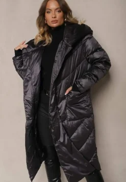 Ciemnoszara Pikowana Kurtka o Asymetrycznym Kroju z Kapturem Hedirani