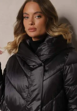 Ciemnoszara Pikowana Kurtka o Asymetrycznym Kroju z Kapturem Hedirani