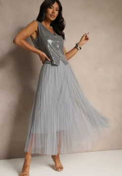 Ciemnoszara Rozkloszowana Spódnica z Tiulu w Kropki Folemia