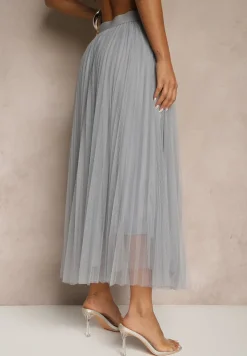 Ciemnoszara Rozkloszowana Spódnica z Tiulu w Kropki Folemia