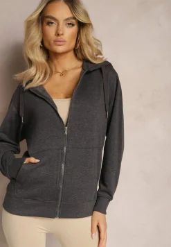 Ciemnoszara Rozpinana Bluza z Kapturem Wykończona Polarem i Ściągaczem Bachetta