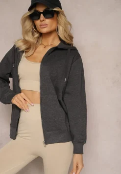 Ciemnoszara Rozpinana Bluza z Kapturem Wykończona Polarem i Ściągaczem Bachetta