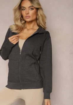Ciemnoszara Rozpinana Bluza z Kapturem Wykończona Polarem i Ściągaczem Bachetta