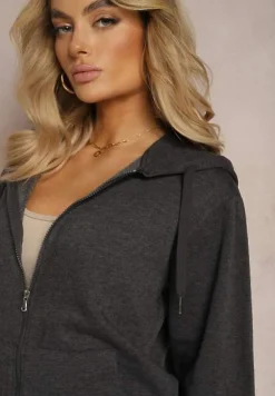 Ciemnoszara Rozpinana Bluza z Kapturem Wykończona Polarem i Ściągaczem Bachetta
