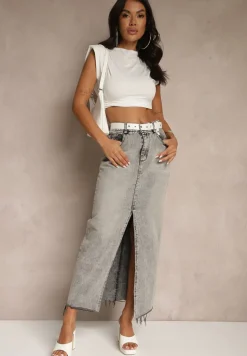 Ciemnoszara Spódnica Jeansowa o Ołówkowym Kroju Zdobiona Rozcięciem Lisovira