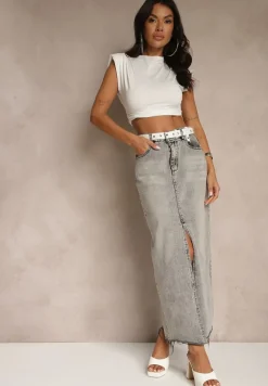 Ciemnoszara Spódnica Jeansowa o Ołówkowym Kroju Zdobiona Rozcięciem Lisovira