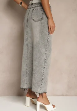 Ciemnoszara Spódnica Jeansowa o Ołówkowym Kroju Zdobiona Rozcięciem Lisovira