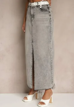 Ciemnoszara Spódnica Jeansowa o Ołówkowym Kroju Zdobiona Rozcięciem Lisovira