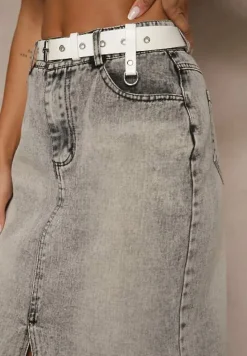 Ciemnoszara Spódnica Jeansowa o Ołówkowym Kroju Zdobiona Rozcięciem Lisovira