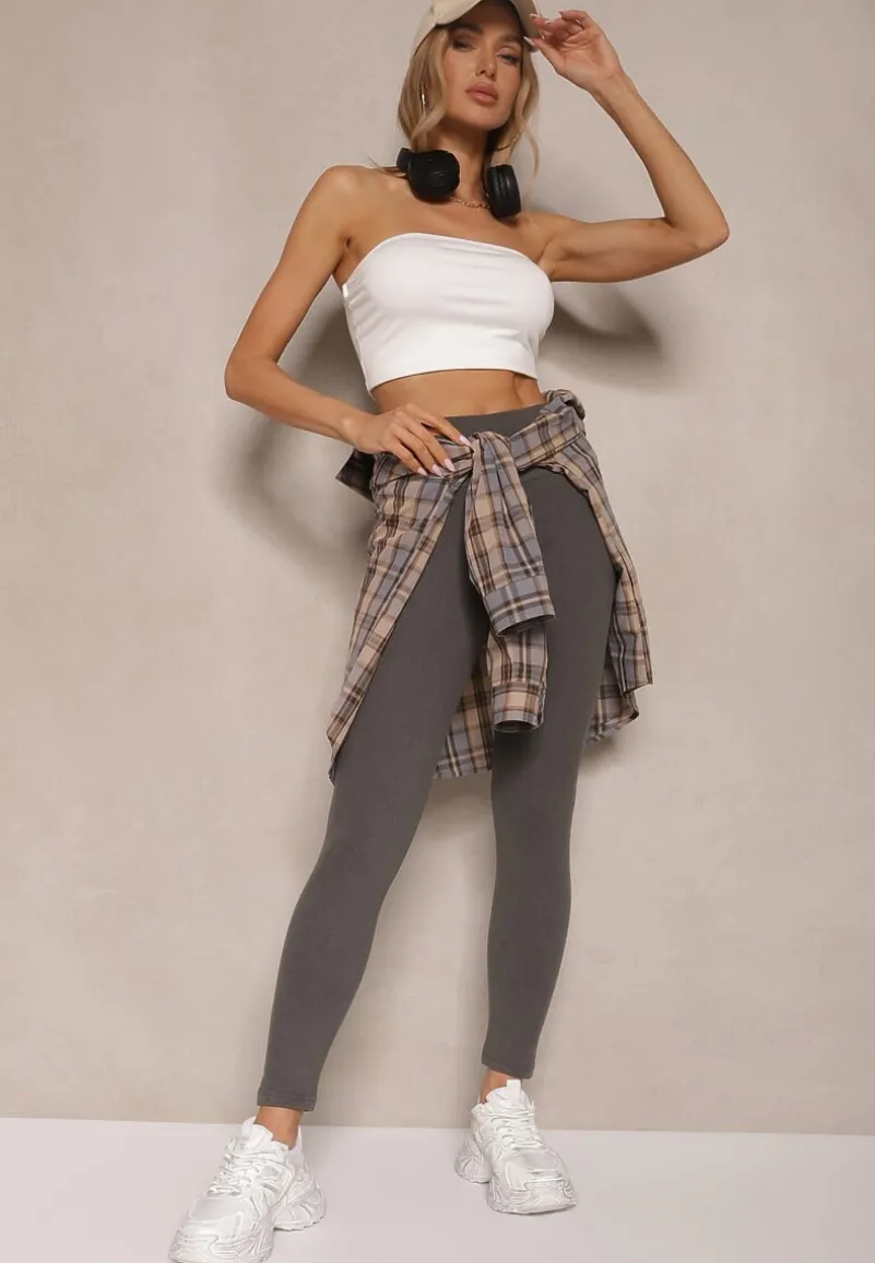 Ciemnoszare Legginsy High Waist z Metaliczną Ozdobą Batila