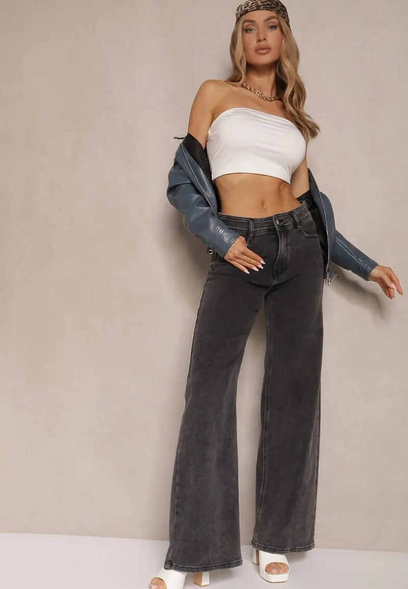 Ciemnoszare Bawełniane Jeansy High Waist o Szerokim Kroju Davilira