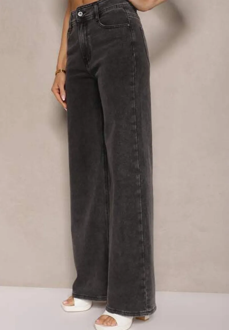 Ciemnoszare Bawełniane Jeansy High Waist o Szerokim Kroju Davilira