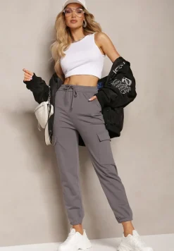 Ciemnoszare Bawełniane Spodnie z Gumką w Talii w Sportowym Stylu Cargo Lofriena