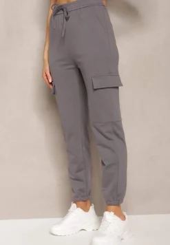 Ciemnoszare Bawełniane Spodnie z Gumką w Talii w Sportowym Stylu Cargo Lofriena
