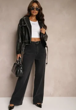 Ciemnoszare Jeansy High Waist z Bawełny z Paskiem Nevelith