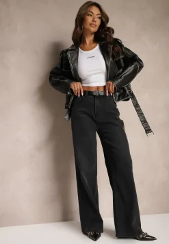 Ciemnoszare Jeansy High Waist z Bawełny z Paskiem Nevelith