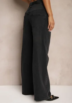 Ciemnoszare Jeansy High Waist z Bawełny z Paskiem Nevelith