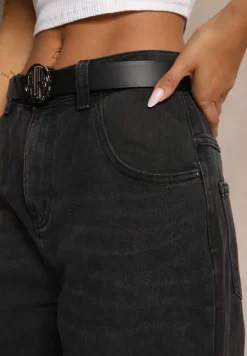 Ciemnoszare Jeansy High Waist z Bawełny z Paskiem Nevelith