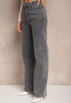 Ciemnoszare Jeansy High Waist o Szerokim Kroju Tirfia
