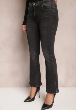 Ciemnoszare Jeansy o Fasonie Dzwonów z Cyrkoniami w Talii Kokarra