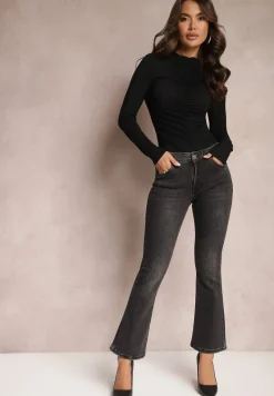 Ciemnoszare Jeansy o Fasonie Dzwonów z Cyrkoniami w Talii Kokarra