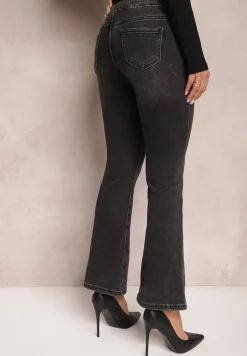 Ciemnoszare Jeansy o Fasonie Dzwonów z Cyrkoniami w Talii Kokarra