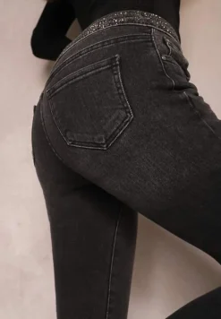 Ciemnoszare Jeansy o Fasonie Dzwonów z Cyrkoniami w Talii Kokarra