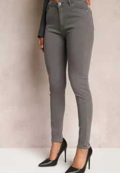Ciemnoszare Jeansy Regular Waist o Fasonie Skinny z Zapięciem na Guzik i Suwak Efraim